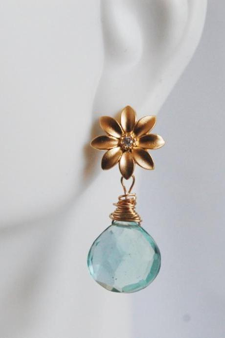 Gorgeous Sage Green Quartz and Flower connector Dangle Earrings
