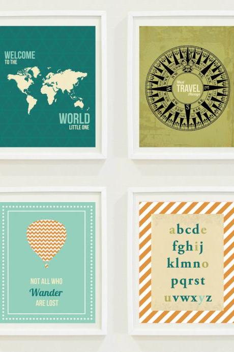 Nursery Prints: Around The World - Travel Nursery - Alphabet - Hot Air Balloon-compass-not All Who Wander Are Lost-home Decor-gallery Wall -