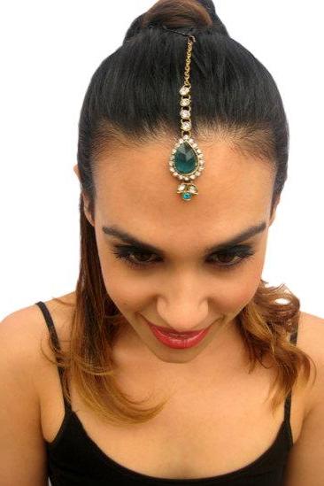 Rouelle JADE Forehead Piece Tikka headpiece hair jewelry in Green and Blue, head piece, hair chain, hair piece, head chain