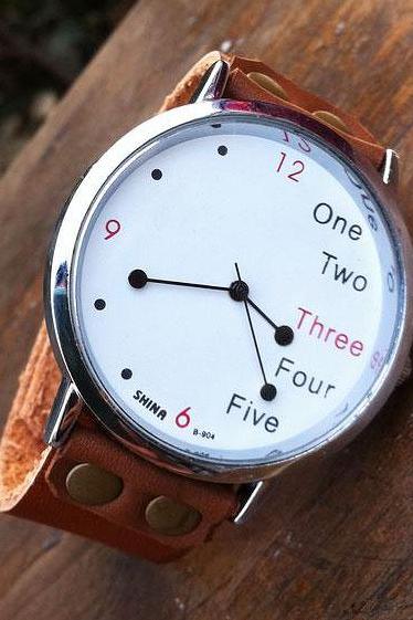 Unique White Dial Funny Pointer Leather Watch