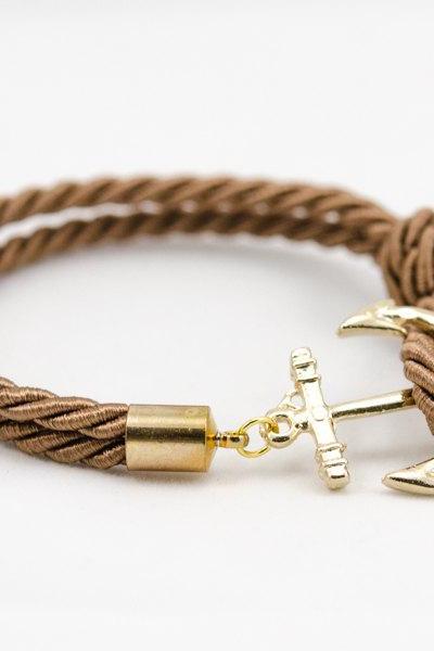 Gold Anchor Rope Bracelet with brown color , Anchor Bracelet , Gold Rope Bracelet with anchor , bridesmaid gift rope bracelet