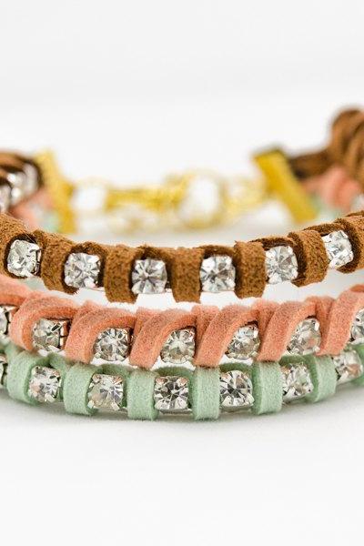 mint leather bracelet with Rhinestone , brown mint Rhinestone bridesmaids gift , leather bracelet , charm arm candy