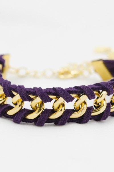 woven bracelet with purple leather, leather bracelet , violet woven chain bracelet , gold chain bracelet