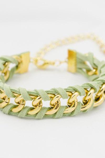 green mint leather bracelet , green woven chain bracelet , gold chain bracelet , woven bracelet