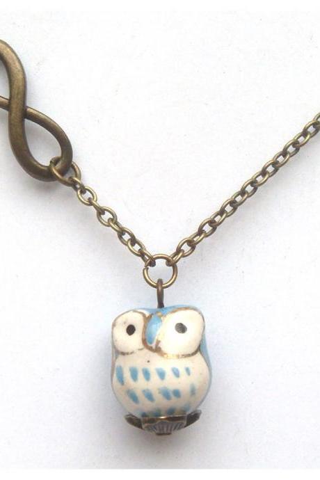 Antiqued Brass Infinity Porcelain Owl Necklace