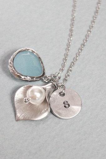 Lily necklace, initial necklace, initial coin, personalized necklace, Light blue pendant