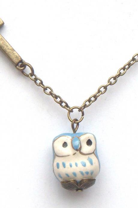 Antiqued Brass Cross Porcelain Owl Necklace