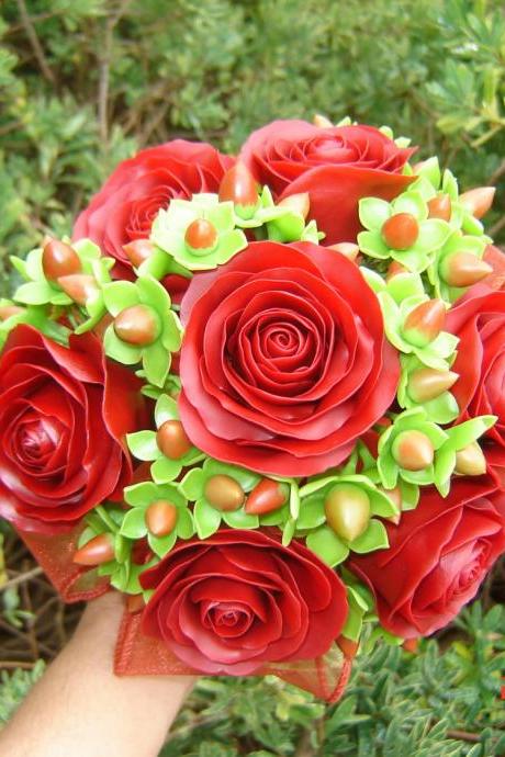 Wedding Bouquet - Red Rose and Hypericum Berries Bridal/Bridesmaid Bouquet