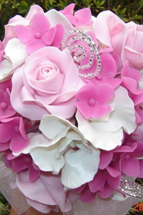 Pink Rose, White Sweet Pea And Hot Pink Hydrangea Bouquet. Made-to-order