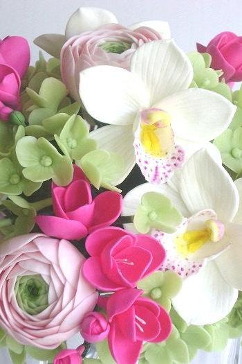 Wedding Bouquet. Pink Fresia, Cymbidium Orchid, Ranunculus And Hydrangea Bridal Bouquet