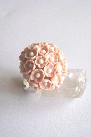 Pink Flowers Polymer Clay Adjustable Ring-Bridesmaids Gift