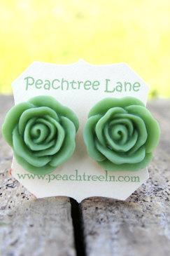 Large Apple Green Rose Flower Stud Earrings perfect for Bridesmaid or Maid of Honor Gifts