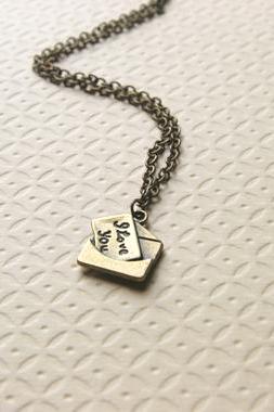 Love Letter Necklace I Love You Necklace Antique Brass Bridesmaid Gifts - I Love You Letter