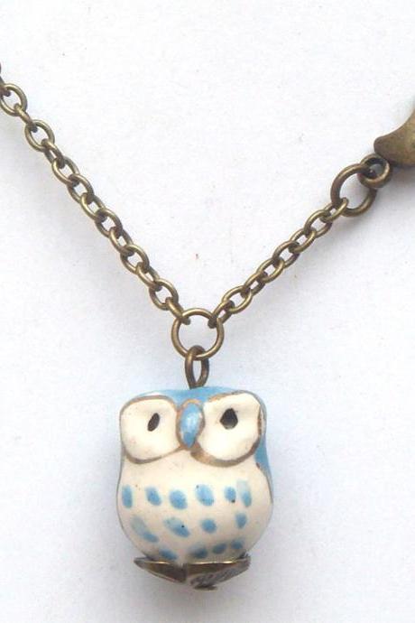 Antiqued Brass Moon Porcelain Owl Necklace