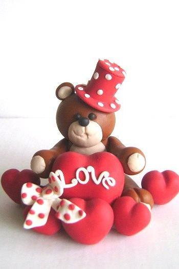 Bear Cake Topper. Clay Bear and Hearts Decor