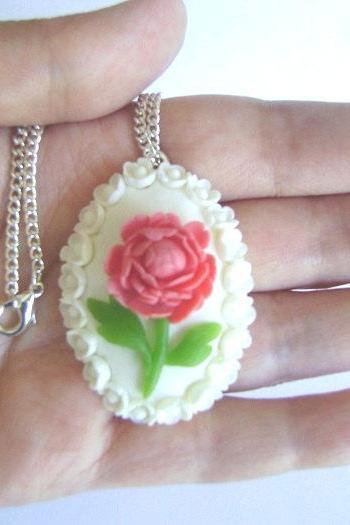 Coral Pink Peony Necklace. Vintage Style Handmade Clay Necklace