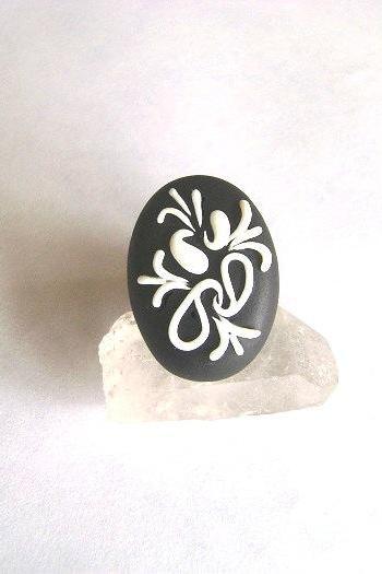 Black and White Adjustable Ring - Persian Paisley Pattern