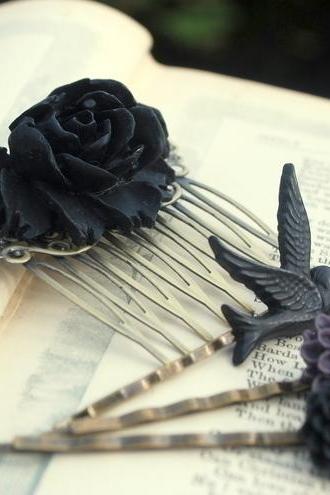 Gorgeous Black Rose Cabochon Hair Comb & Bobby Pins Set.......
