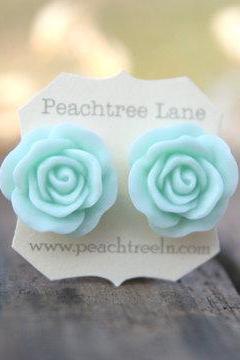 Large Mint Seafoam Green Rose Flower Earrings // Bridesmaid Gifts // Outdoor Rustic Wedding // Bridal Shower Gifts