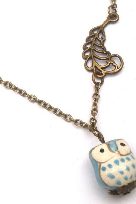 Antiqued Brass Feather Porcelain Owl Necklace