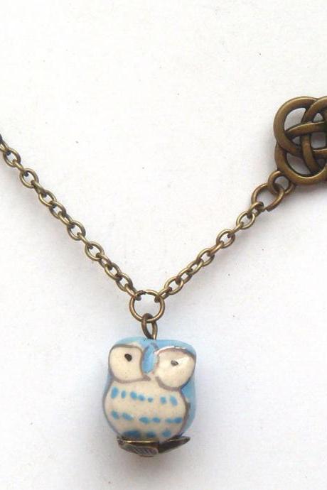 Antiqued Brass Lucky Knot Porcelain Owl Necklace