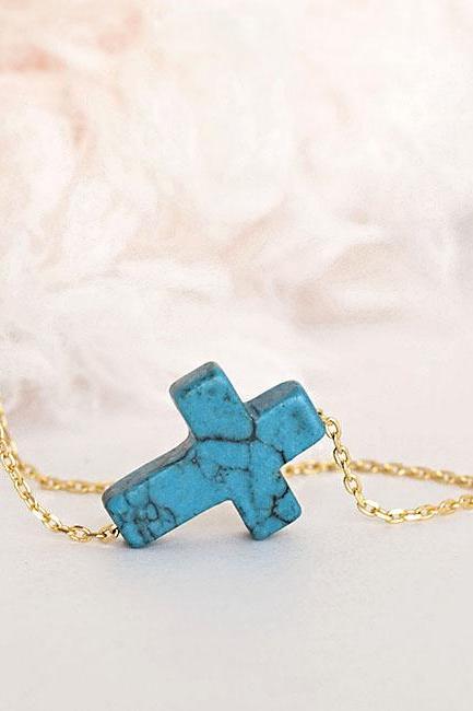 Turquoise Sideways Cross Charm Necklace, Gold / Silver Chain Option