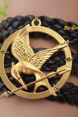 Hunger Games Bracelet---the Golden Hunger Games Bracelet With Brown Leather Rope---c124