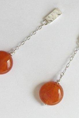 Sterling Silver Dangle Carnelian Earrings - Chain Earrings - Dangle Post Earrings - Orange Earrings