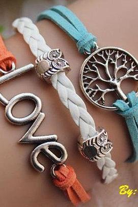 Love Bracelet,cute Owl Pendant Bracelet,tree Of Life Bracelet,tree Of Hope Bracelet,a Retro Silvery Combined Bracelet---c012