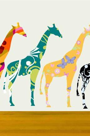 Small Giraffe Decals Stickers with colorful pattern Set of Four
