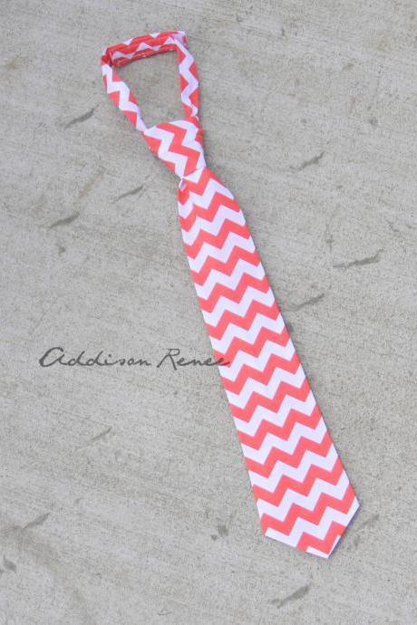 Boys Necktie - Little Boy's Tie - Coral And White Chevron Stripes Boys Necktie