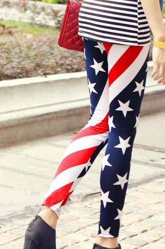 Women's Fashion US. Flag Star Stripe Print Elastic Leggings