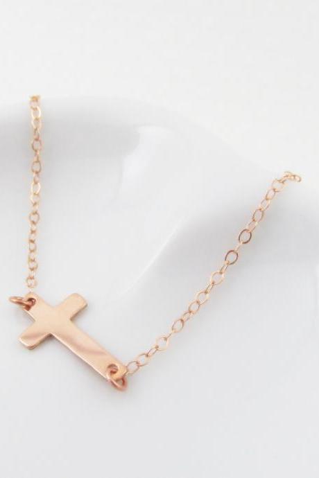 Rose Gold Sideways Cross Necklace, Rose Gold Filled Necklace Gift for Her