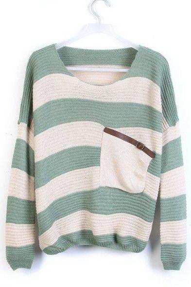 Loose Green Striped Sweater With Pocket