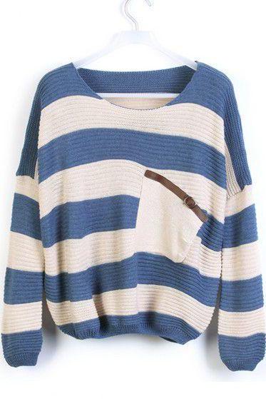 Loose Blue Striped Sweater With Pocket