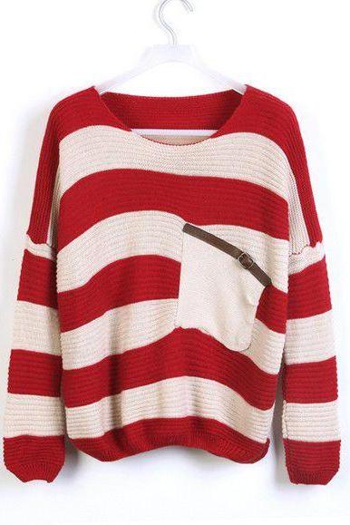 Loose Red Striped Sweater With Pocket