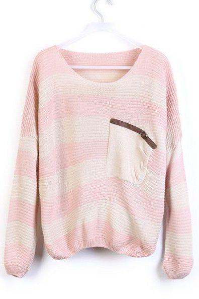 Loose Pink Striped Sweater With Pocket
