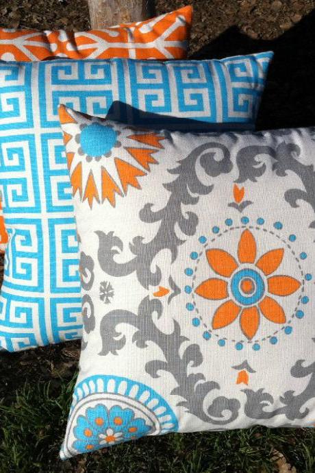 Turquoise And Orange Decorative Throw Pillows Set Of Three Turquoise Orange Pillow Blue And Orange Pillow 18x18 Inches