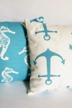 Two Aqua Anchor Pillow Covers Nautical Coastal Light Blue Seahorse Throw Pillow Covers 18x18 Inches