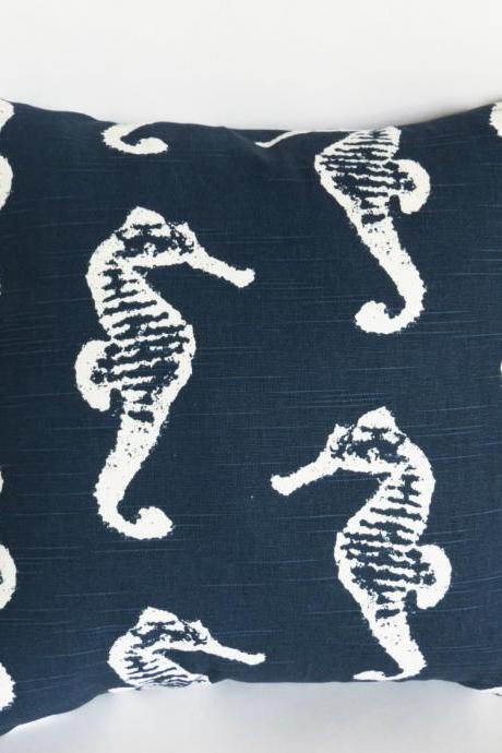 Nautical Navy Blue Seahorse Throw Pillows 18x18 Inches