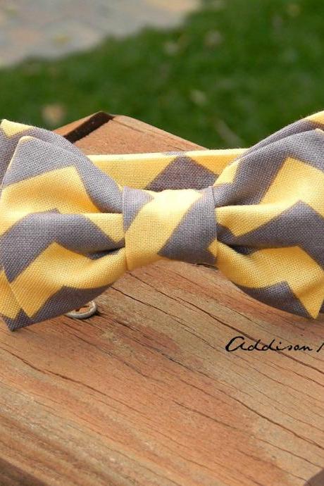 Chevron Stripes Bow Tie - Little Boys Double Bow Yellow And Gray Chevron Stripes Bowtie