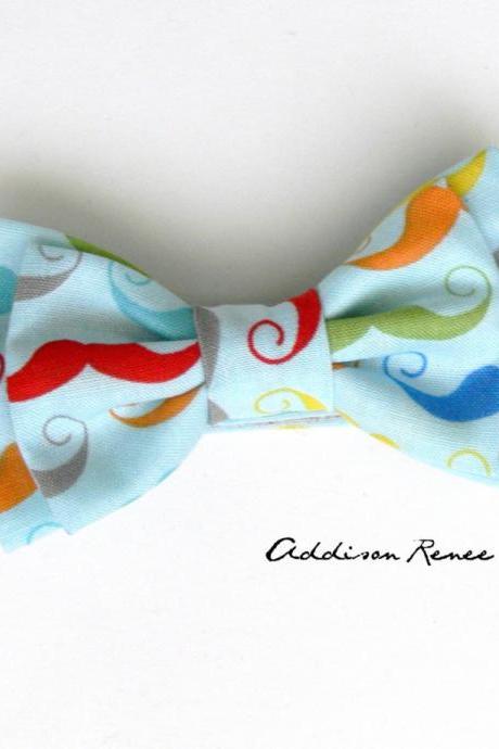 Bow Tie - Little Boys Double Bow Rainbow Mustache On Light Blue Print Bow Tie