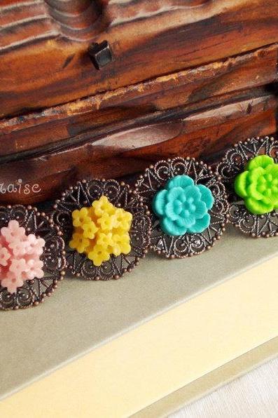 Vintage Style Ring Retro Jewelry &amp;amp;quot;aurélie&amp;amp;quot; With Flower And Filigree, Pink Or Yellow Or Green Or Aqua -