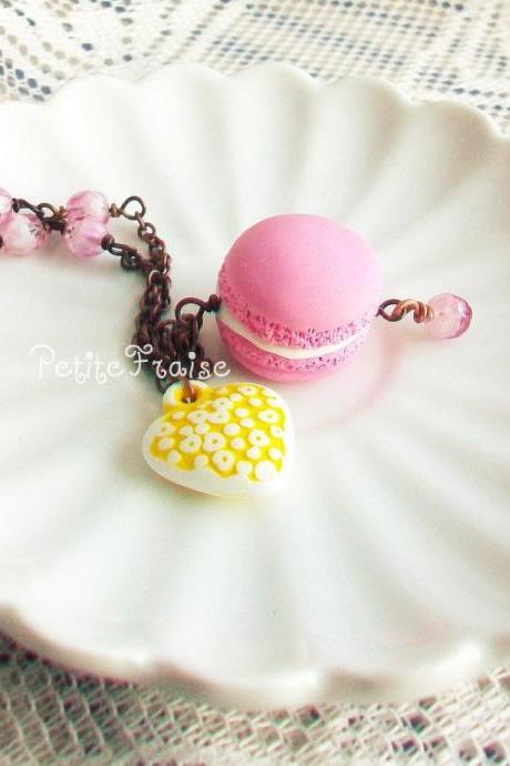 French Macaron Necklace Vintage Style &amp;amp;amp;quot;oh La La Macaron Parisien à La Fraise&amp;amp;amp;quot;, In Pink Yellow