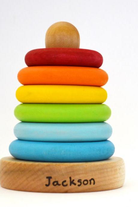 Personalized Wood Toy - Ring Stacker - Rainbow Wooden Toy For Babies And Toddlers - Waldorf And Montessori Inspired