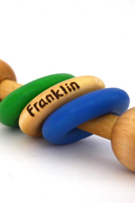 Personalized Wooden Baby Rattle, Pick Any 2 Colors, Waldorf Baby Toy