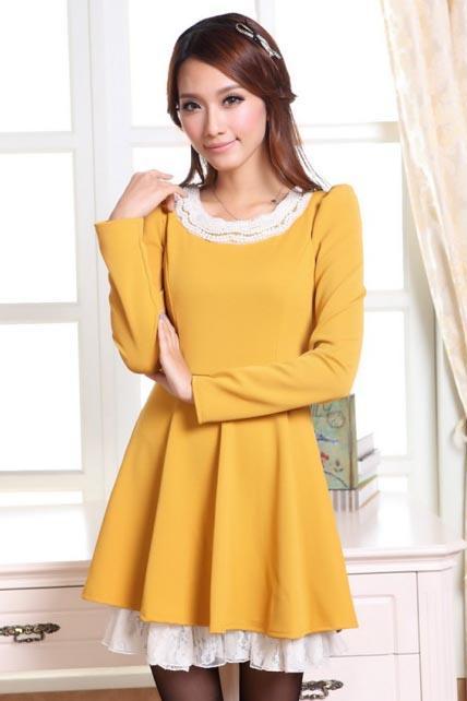 Adorable Puff Sleeve Lace Patchwork A Line Dress - Yellow