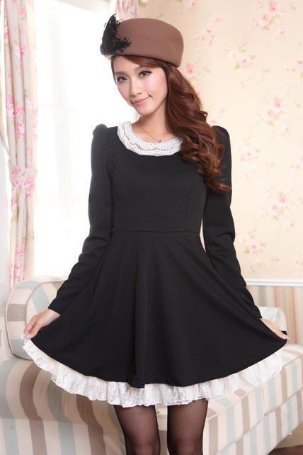 Adorable Puff Sleeve Lace Patchwork A Line Dress - Black 