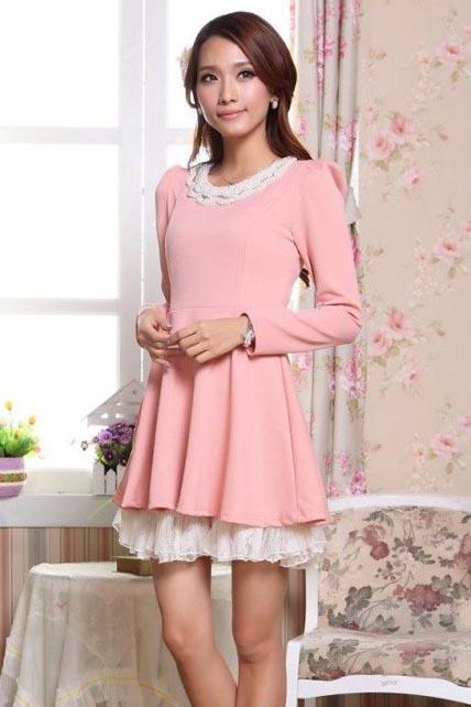 Adorable Puff Sleeve Lace Patchwork A Line Dress - Pink