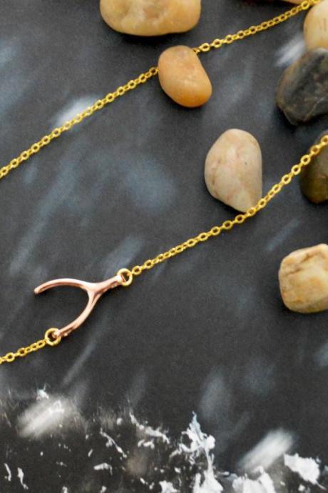 Sideways wishbone necklace, Rose gold,Gold plated, Unbalanced necklace, Wishbone necklace, /Bridesmaid/gifts/Everyday jewelry/